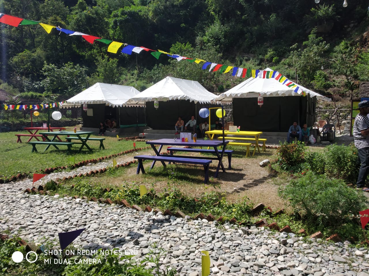 Swiss camp tents with colourful prayer flags