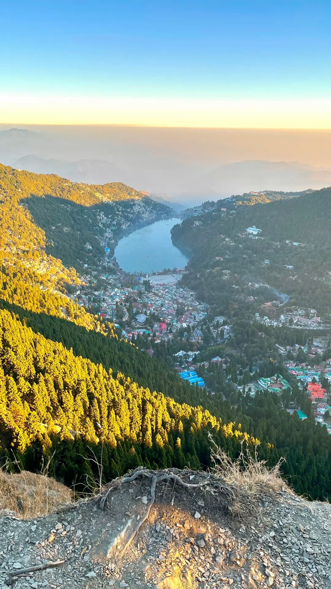 Aerial view of Naini Lake at golden hour