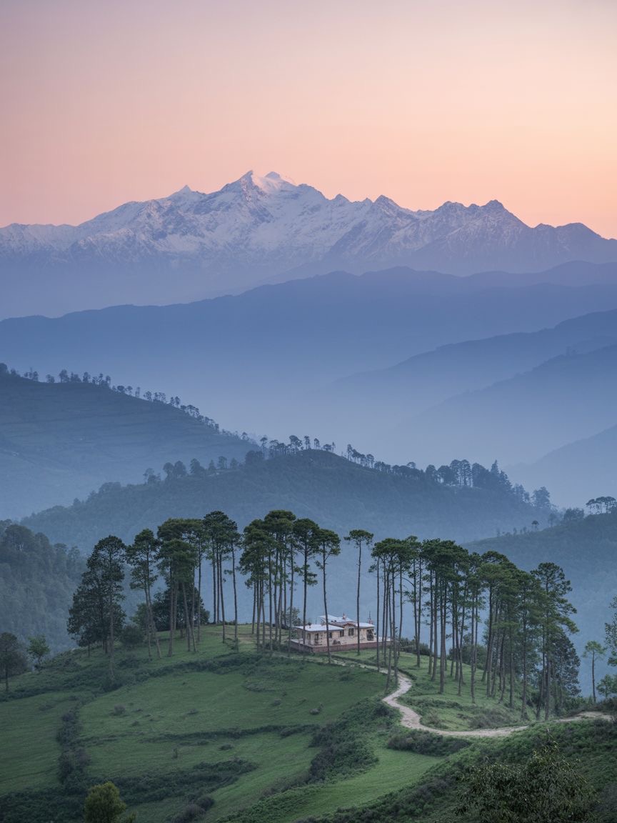 Misty mountain valley view from Kausani
